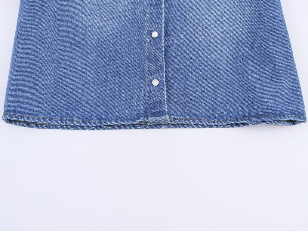 Women's new fashion bow decoration short sleeved denim shirt+Skirts suit