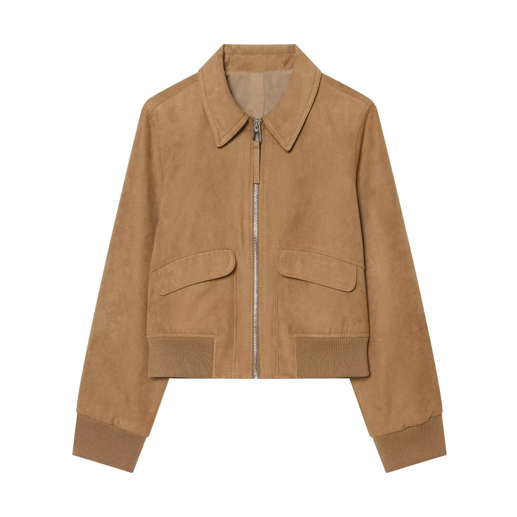 Women's suede texture short lapel pilot jacket