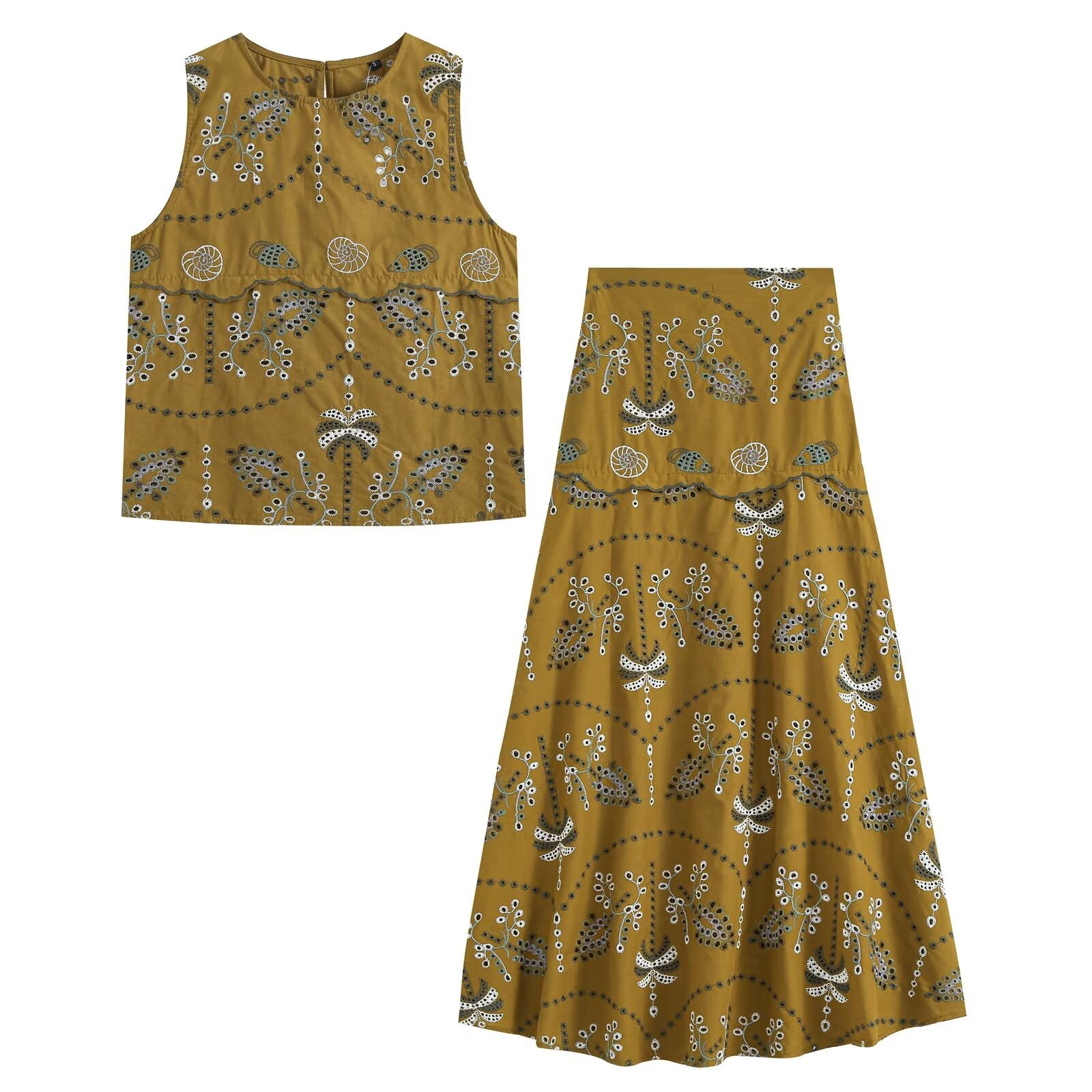 suit Women's 2 pieces hollowed out embroidered sleeveless top+skirt