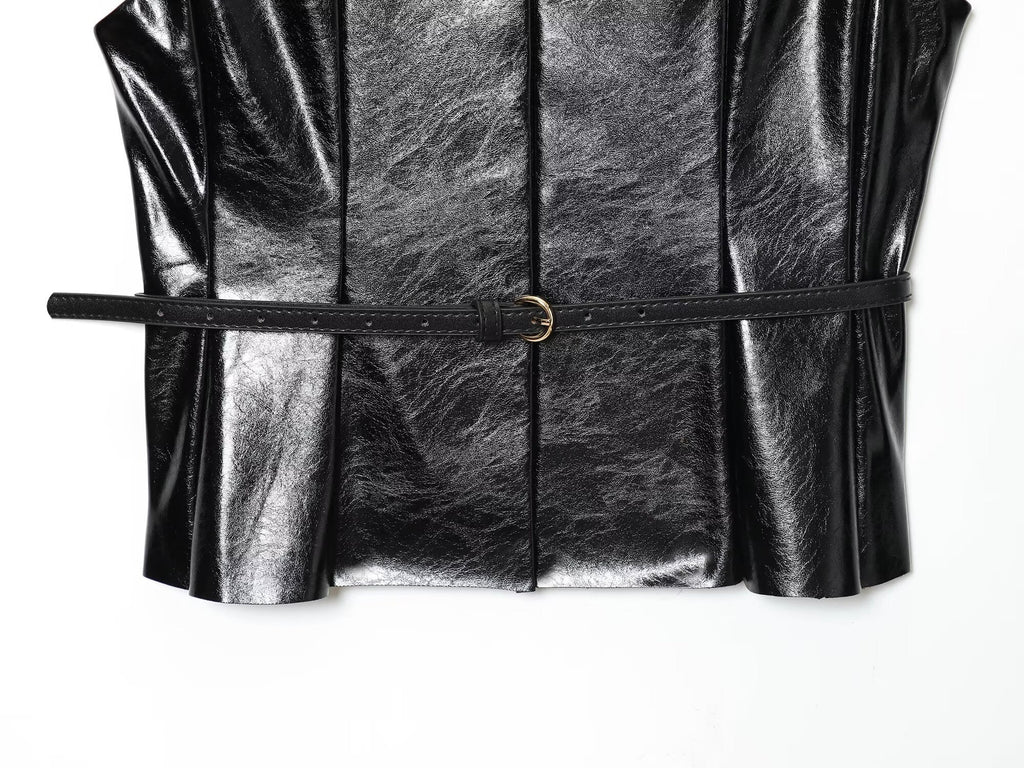 Women's new with Belt sleeveless faux leather effect vest top