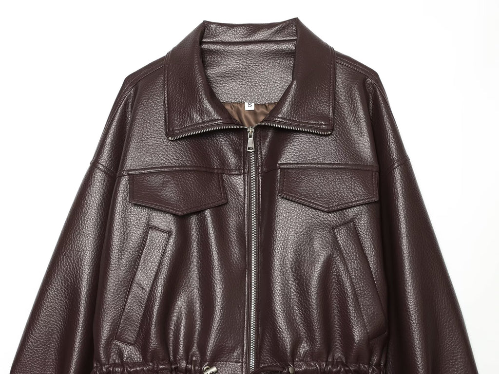Women's with drawstring casual faux leather jacket