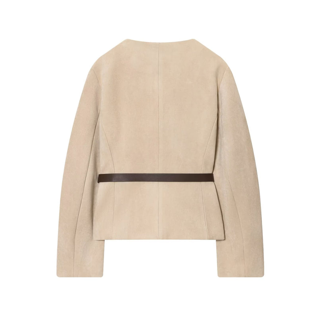 Women's new fashion with Belt suede texture effect O Neck suit jacket