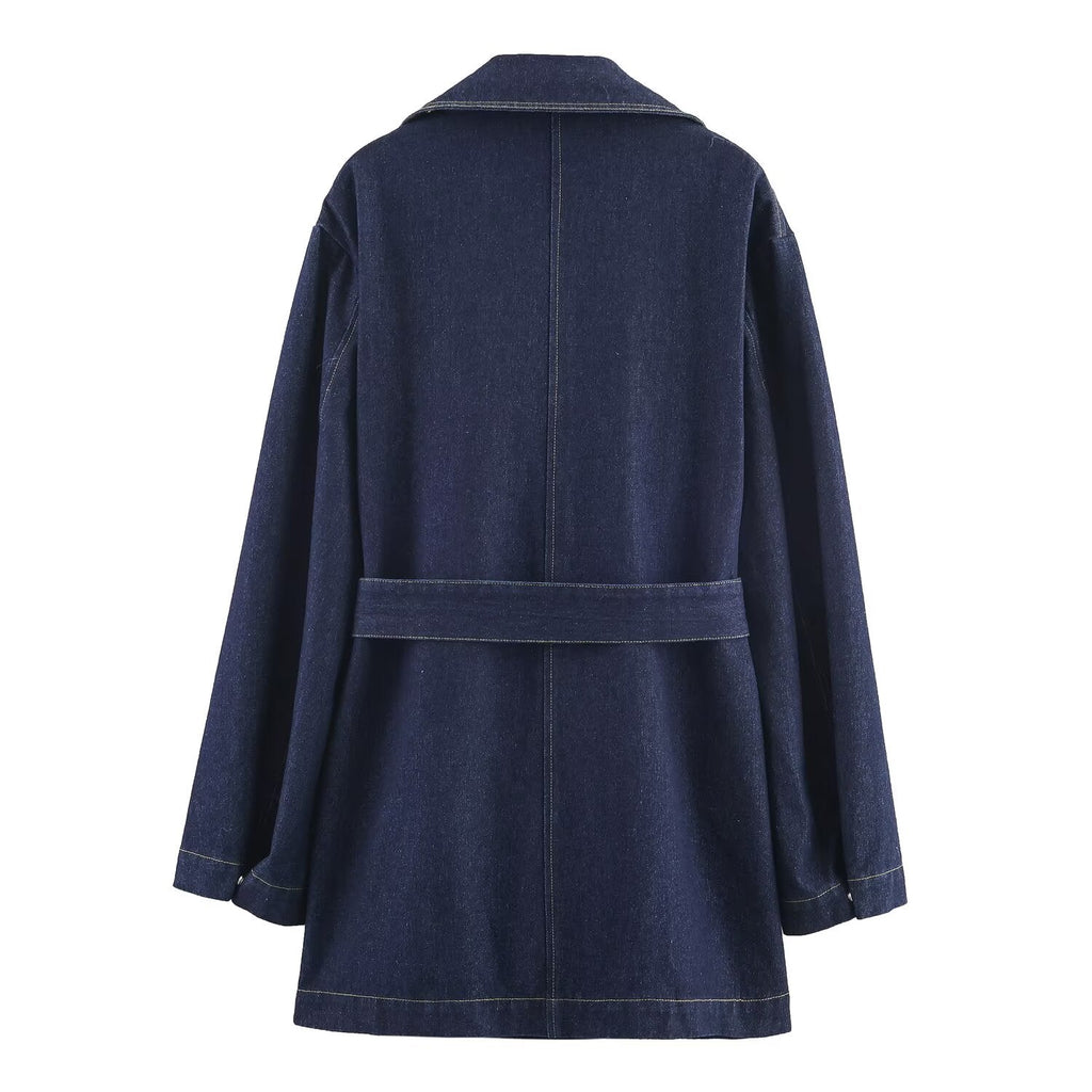 Women's new fashion with Belt loose short denim windbreaker Coat