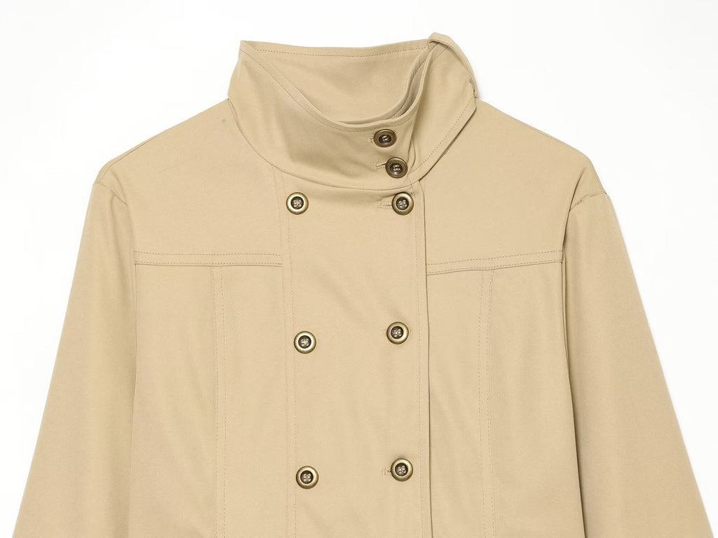 Women's pocket decoration double breasted stand collar Coat