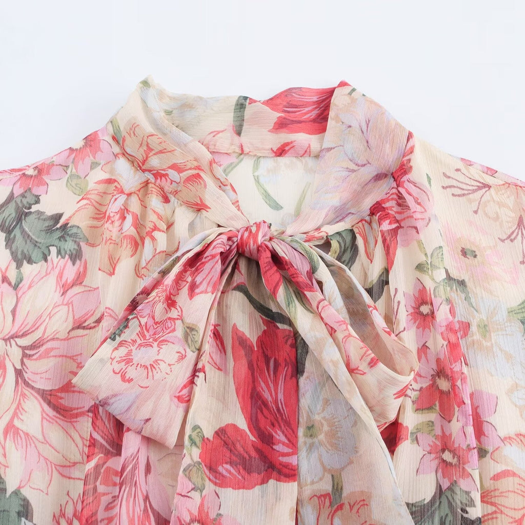 Women's new chic Fashion with Belt bow tie decoration loose flower print MIDI dress retro long sleeved women's dress Mujer
