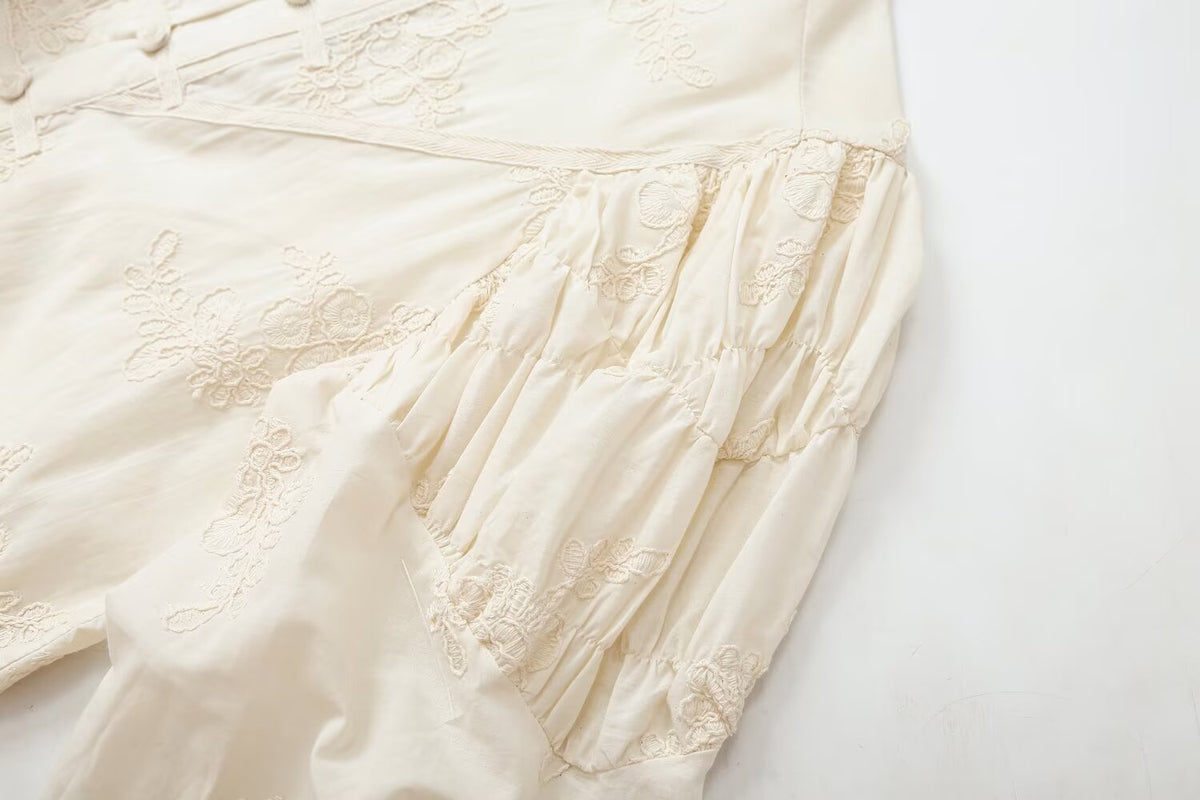 Women's rope knot button pleated embroidered shirt