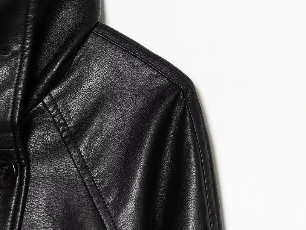 Women's black double breasted Imitation leather jacket