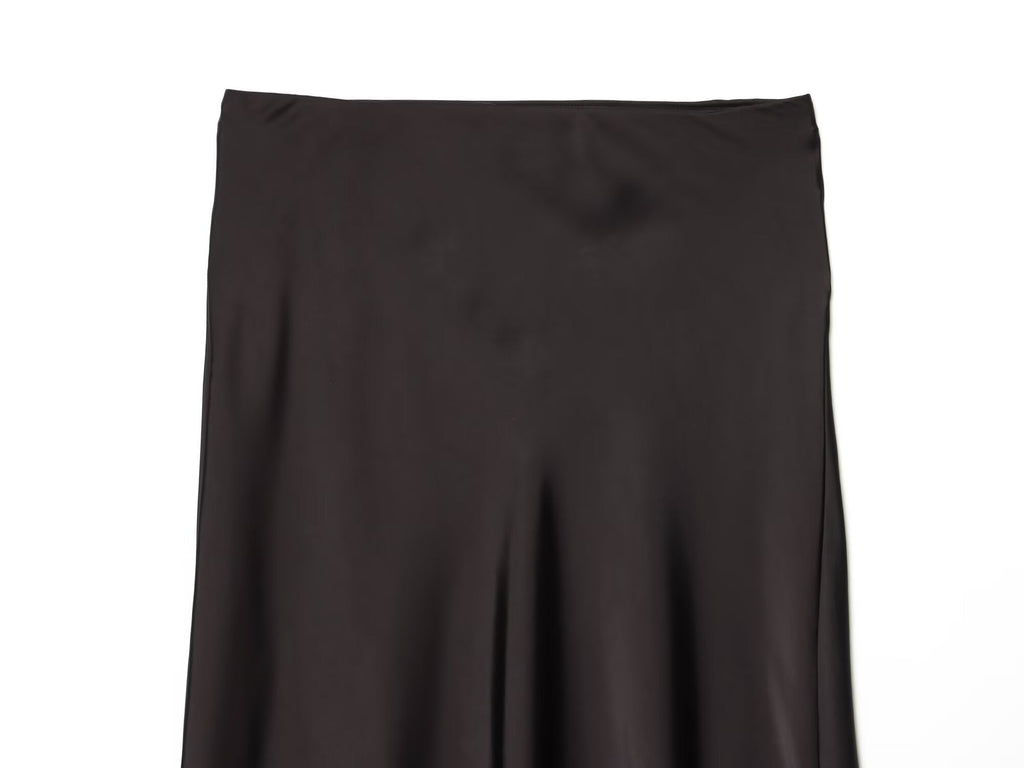 Women's lace hem satin texture MIDI skirt