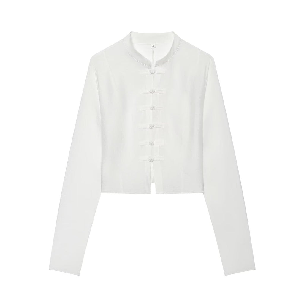 Women's standing collar buckle short top