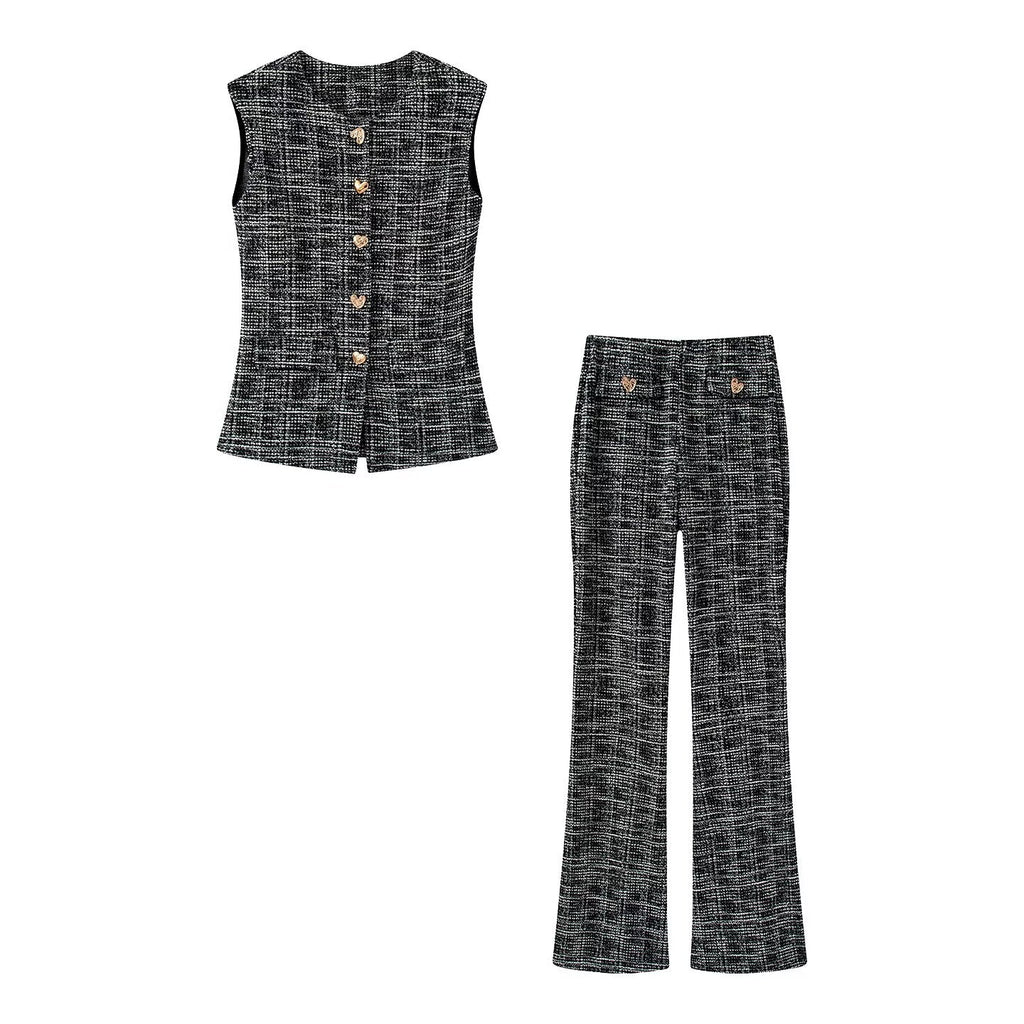 suit Women's 2 pieces button decoration texture vest style top+Flared pants
