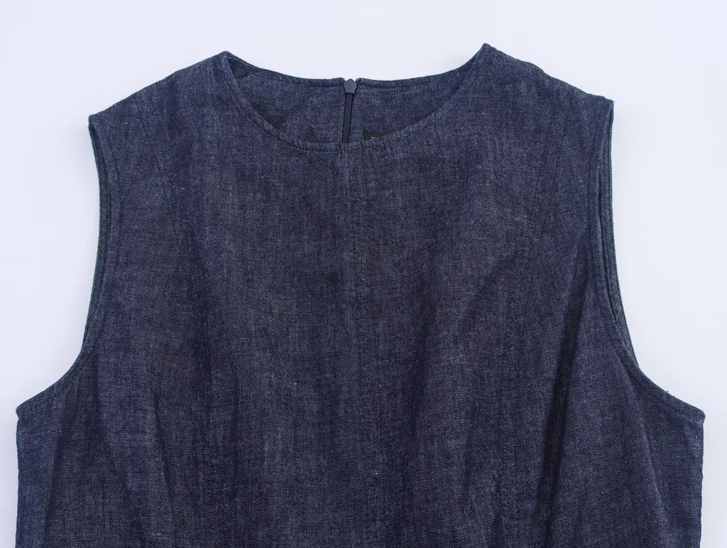 Women's new fashion sleeveless round neck denim Midi dress