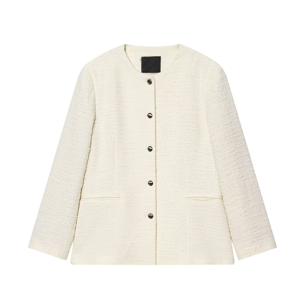 Women's round neck textured Blazer woolen Coat