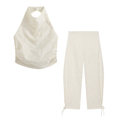 suit Women's 2 pieces embroidered bead hanging neck top+lantern pants