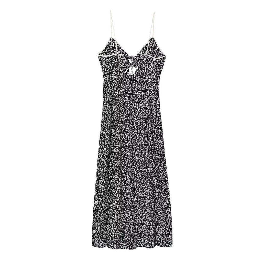 Women's New Fashion Flower Printed suspender Midi Dress