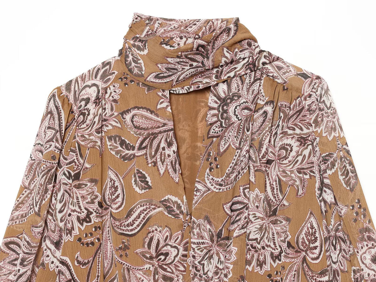 Women's ribbon decoration retro printed chiffon top