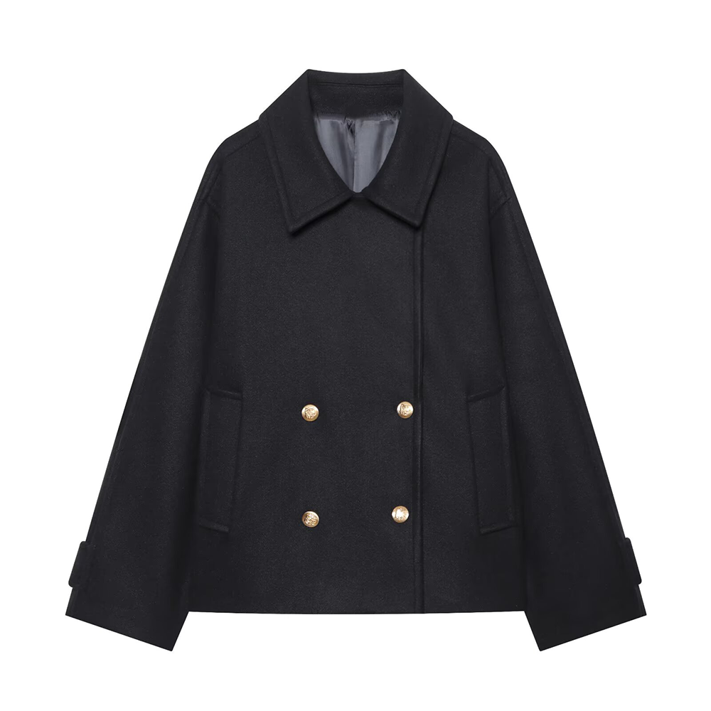 Women's short double breasted woolen blend coat