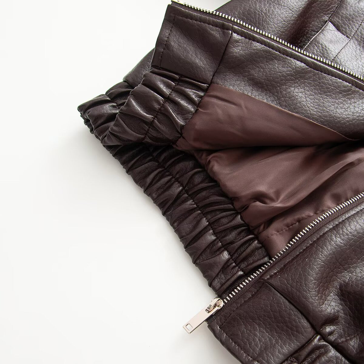 Women's stand collar fake two-piece Faux Leather jacket
