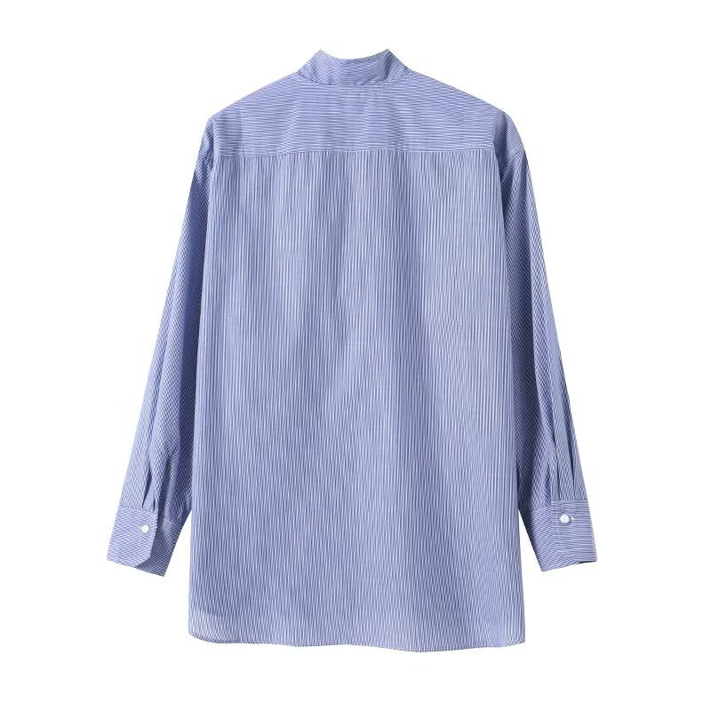 Women's ruffled high neck cotton striped shirt