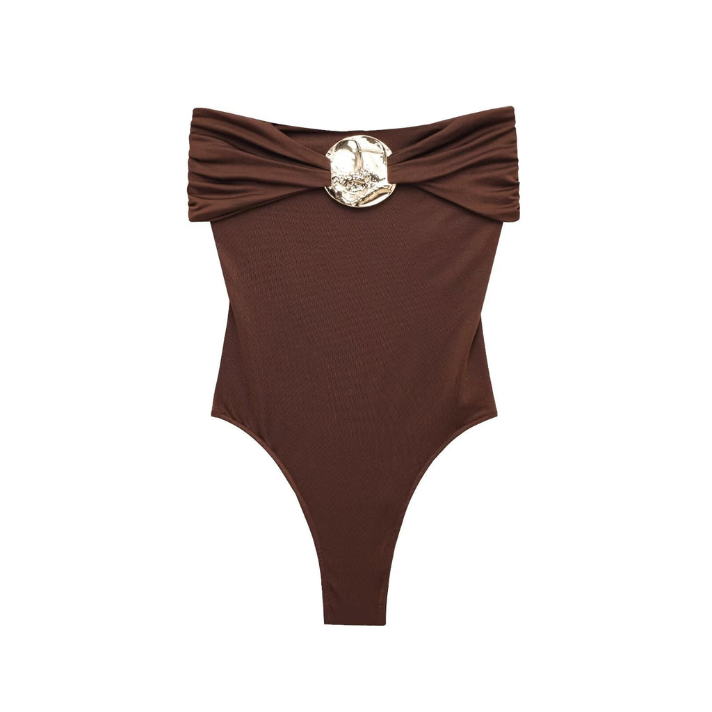 Ladies' new fashion pleated decoration tight strapless swimsuit retro sleeveless backless women's swimsuit