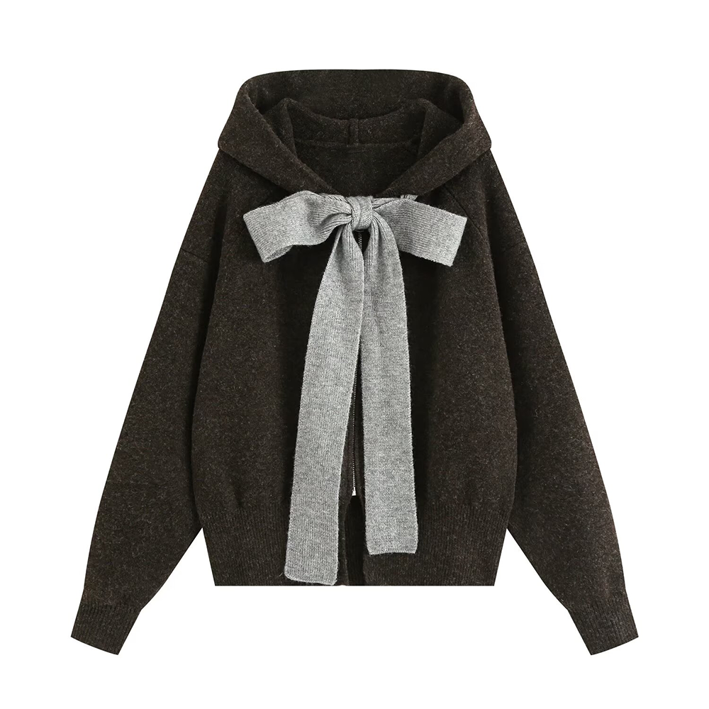 Women's bow decoration hooded knitted Coat