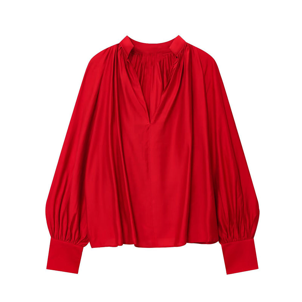 Women's pleated decorative lantern sleeve shirt
