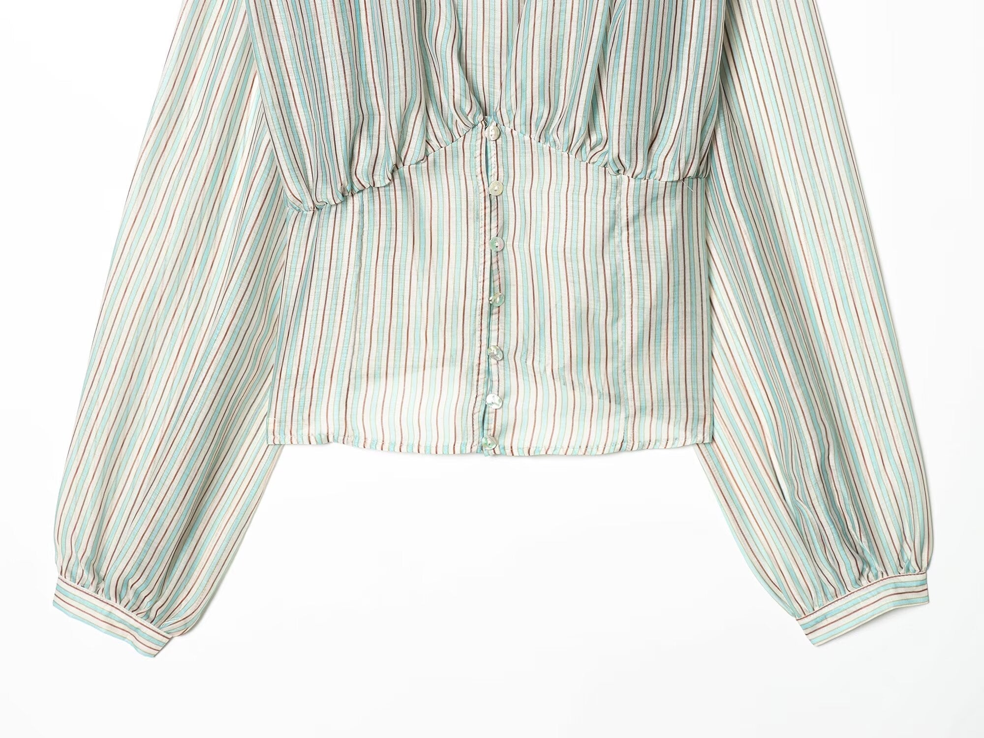 Women's V-neck striped waist cinched shirt
