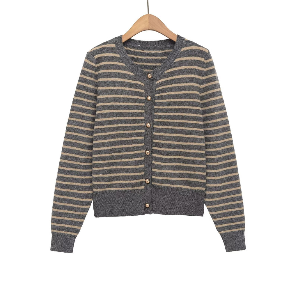 Women's soft textured O Neck striped knitted Coat