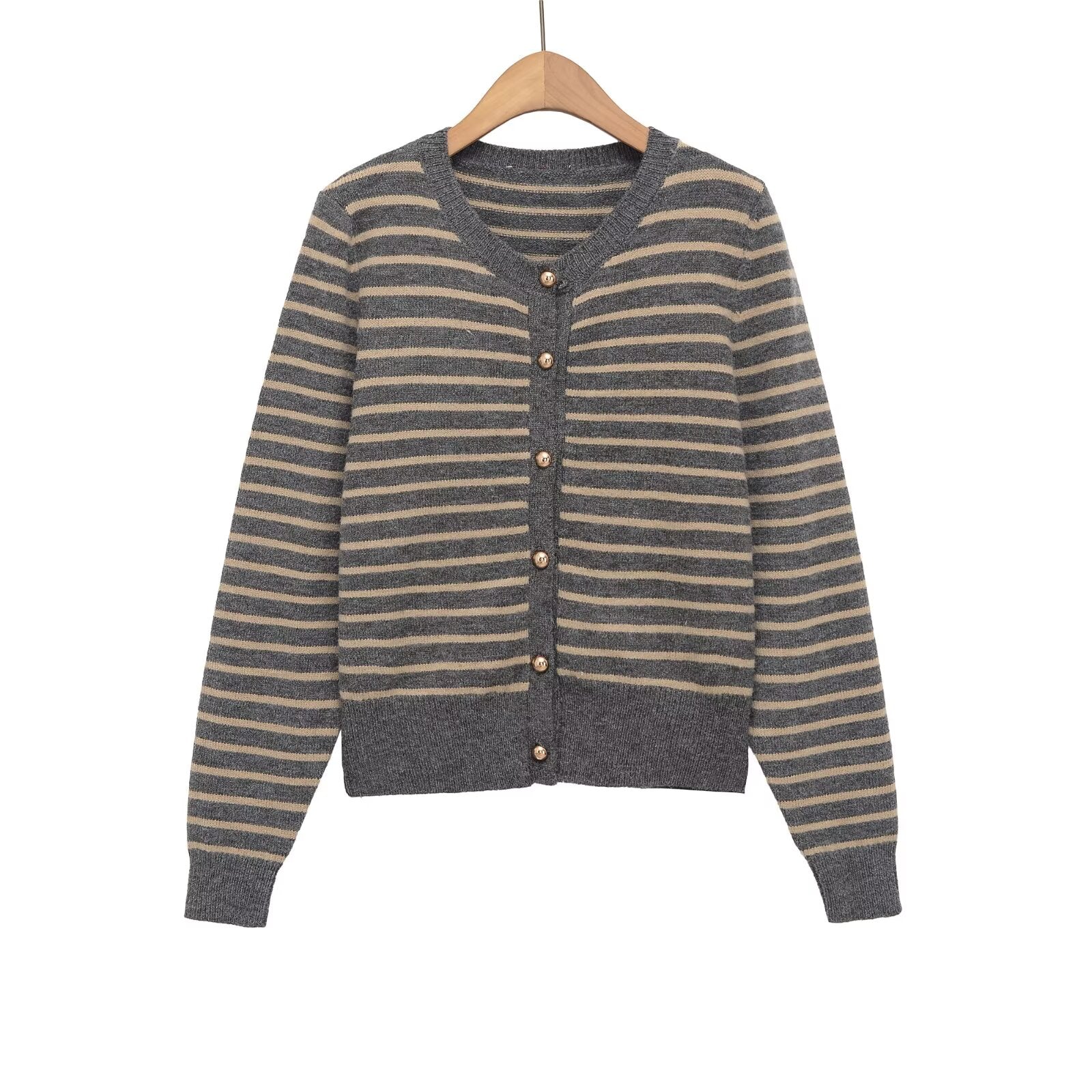 Women's soft textured O Neck striped knitted Coat