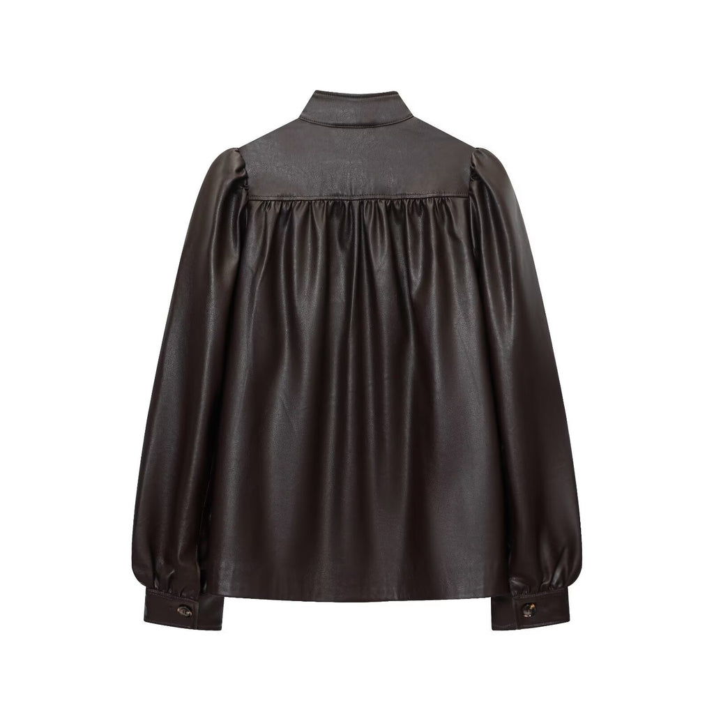 Women's pleated design stand collar faux leather jacket Coat