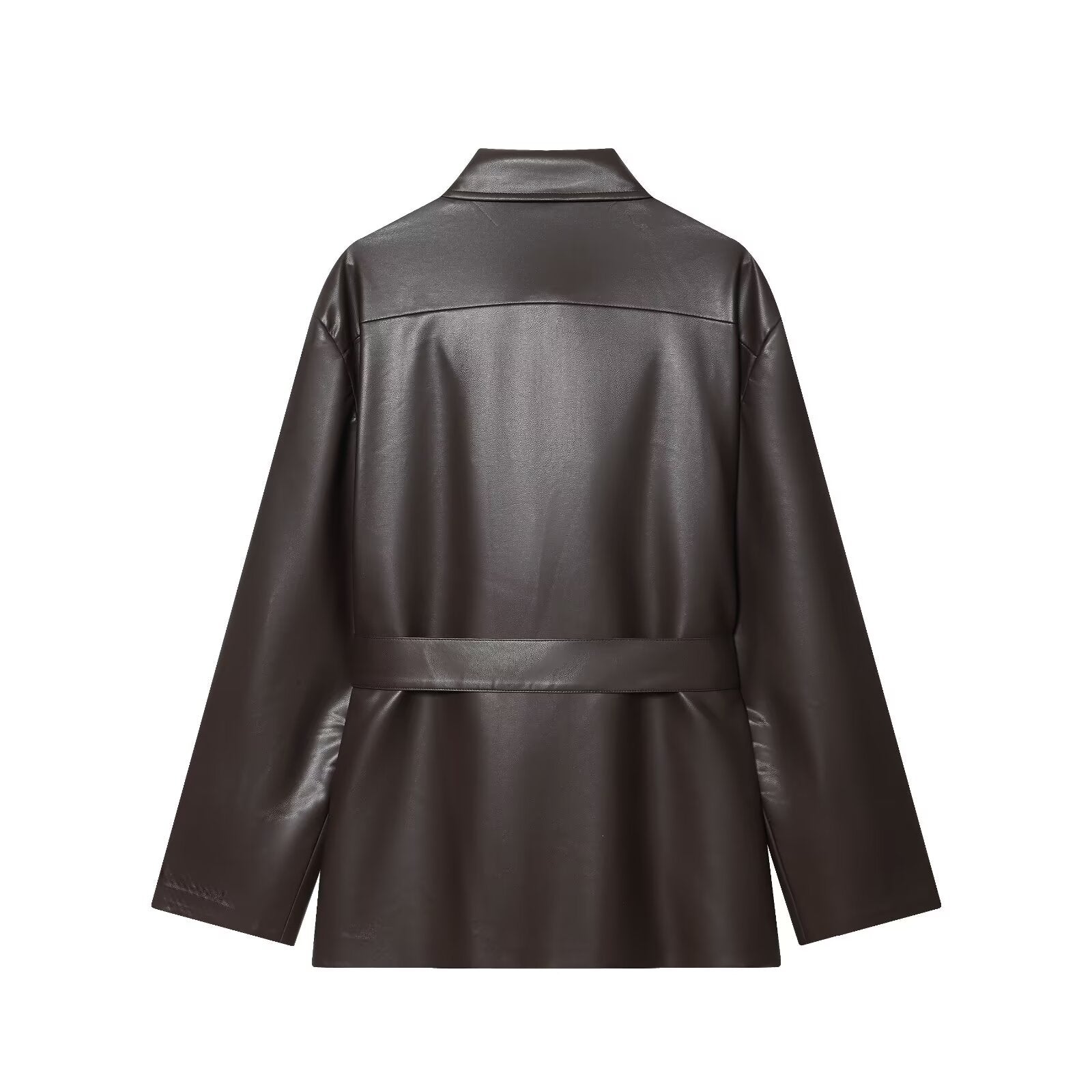 Women's with Belt shirt style faux leather Coat