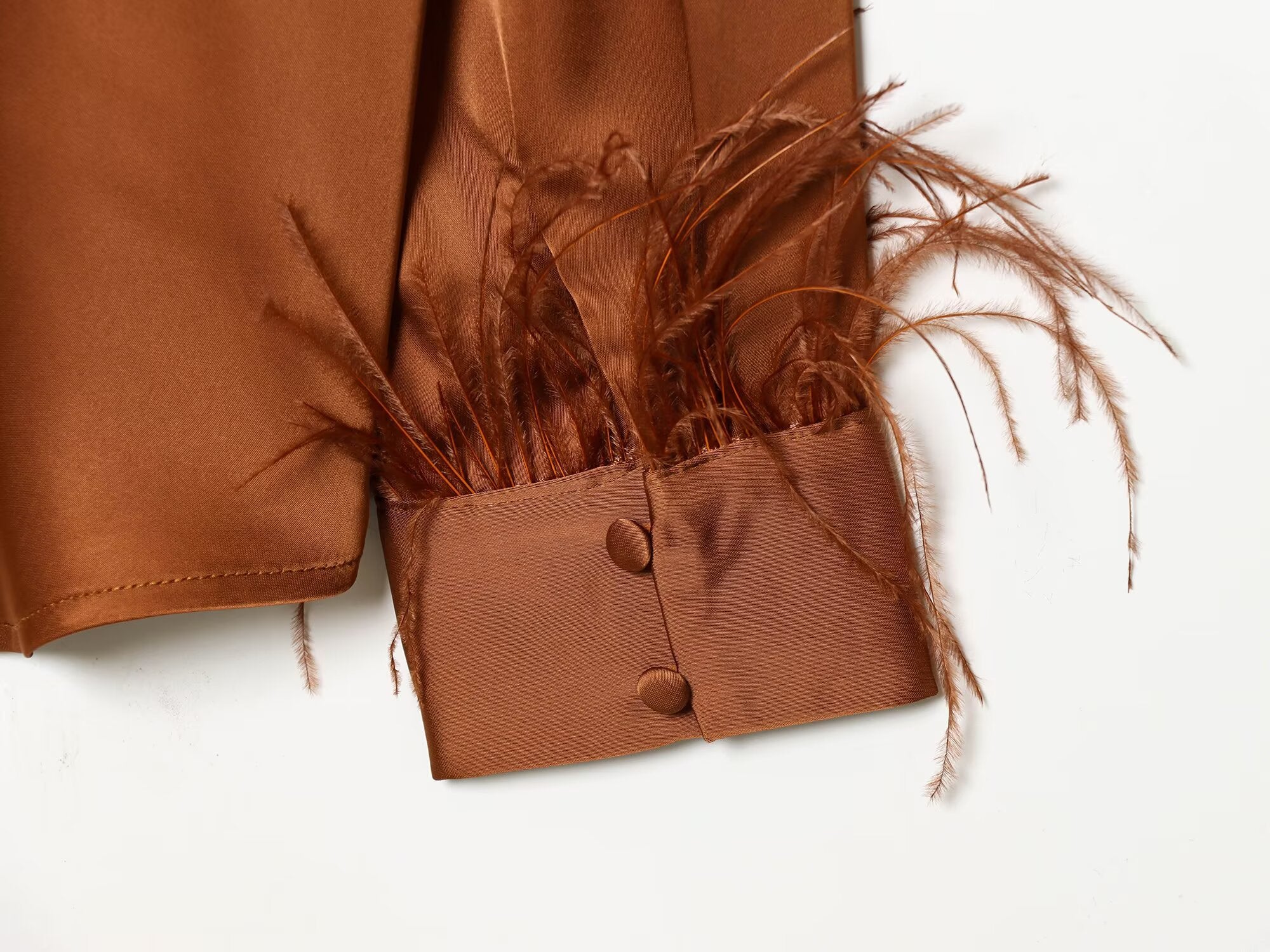 Women's feather decorated lapel satin textured shirt
