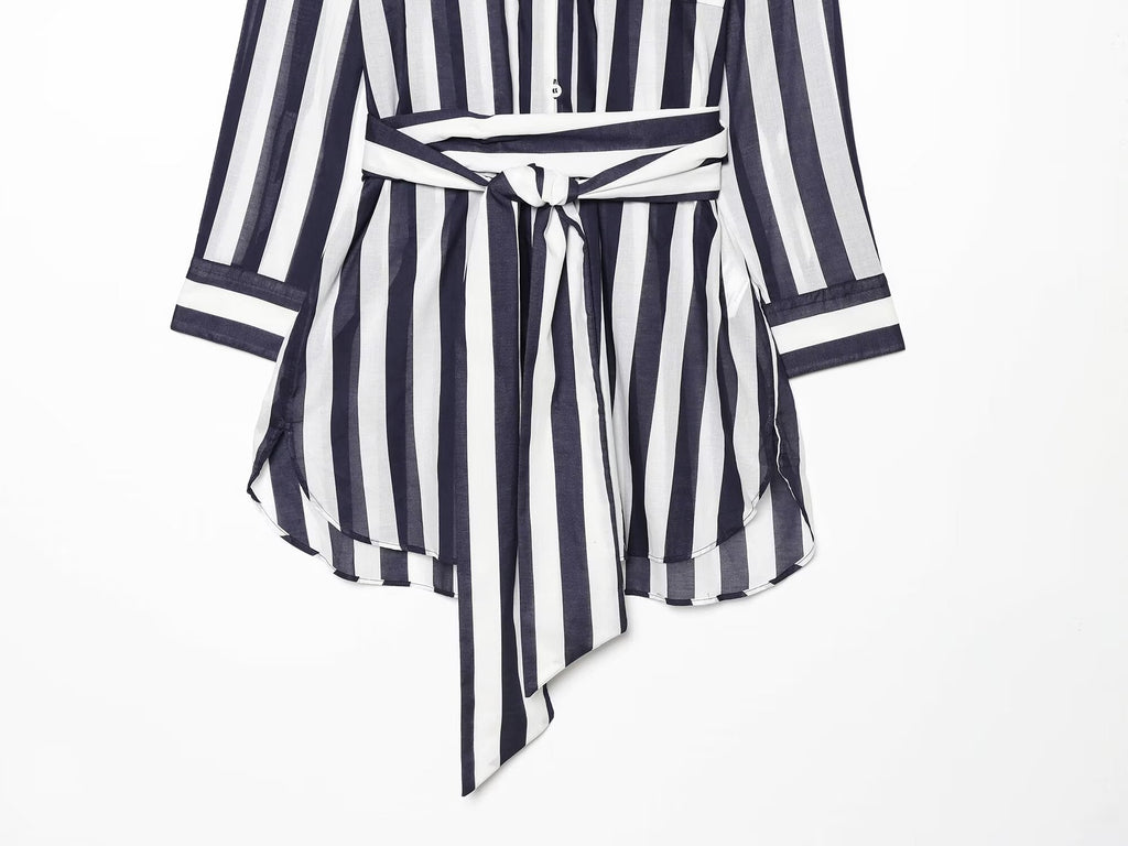 Women's With Belt Long Style Striped Shirt