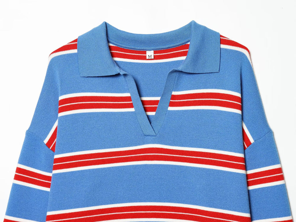 Women's casual striped knitted polo shirt