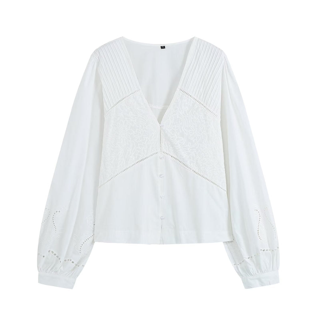 Women's embroidered V-neck poplin shirt