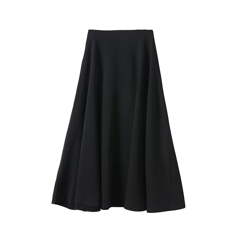 Women's buckle decoration black draped trumpet Midi skirt