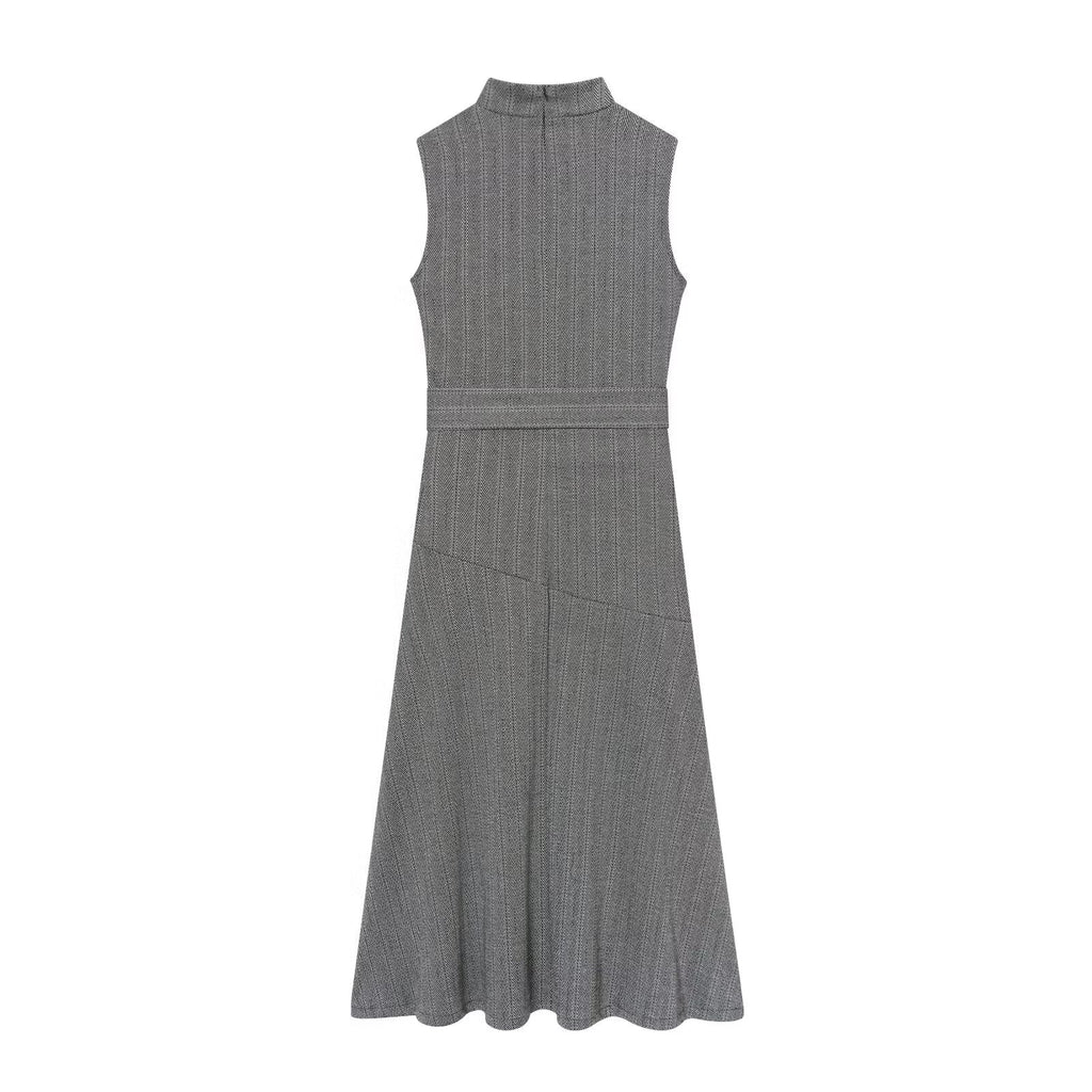 Women's New Fashion With Belt Sleeveless Twill Midi Dress