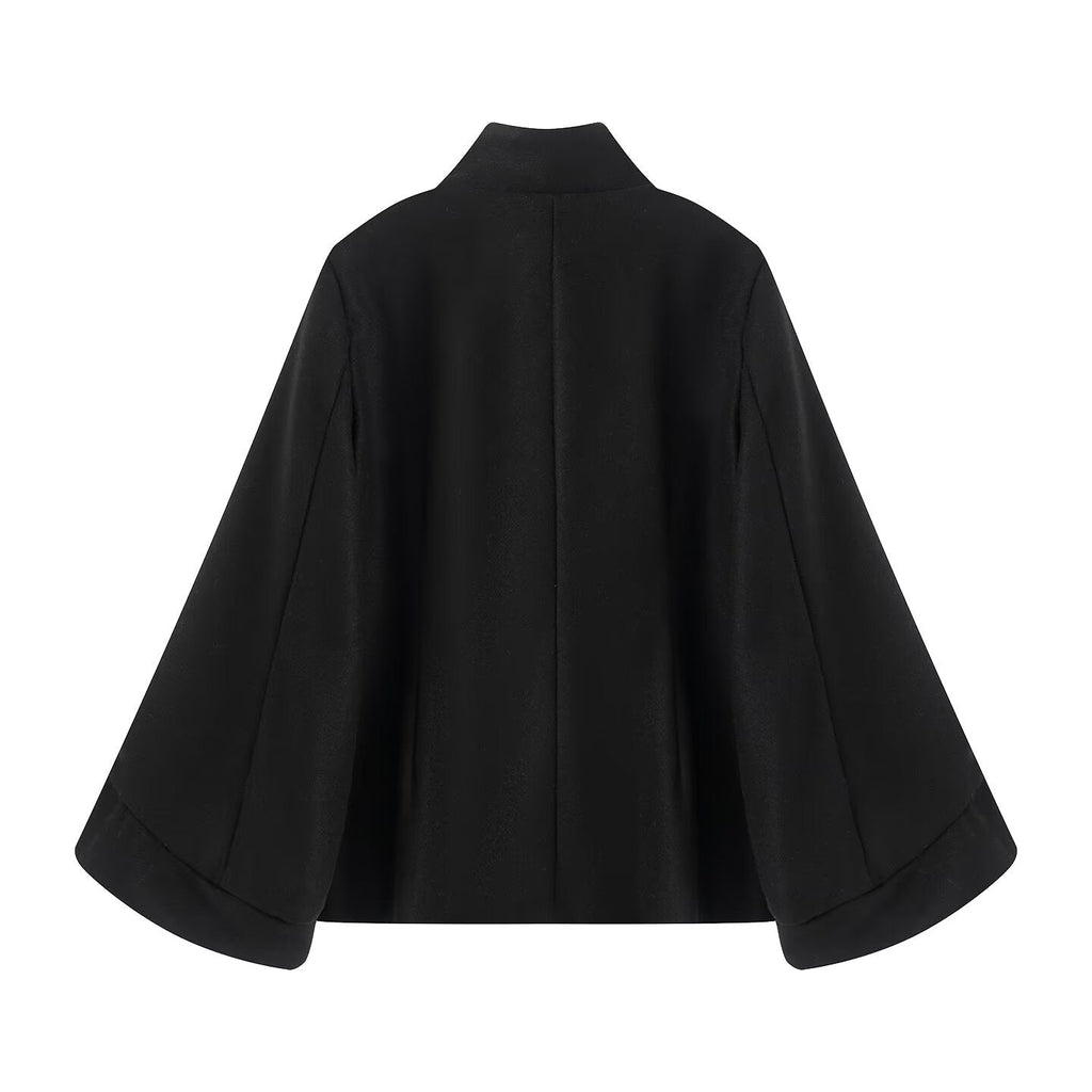 Women's standing collar double breasted batwing sleeve woolen coat
