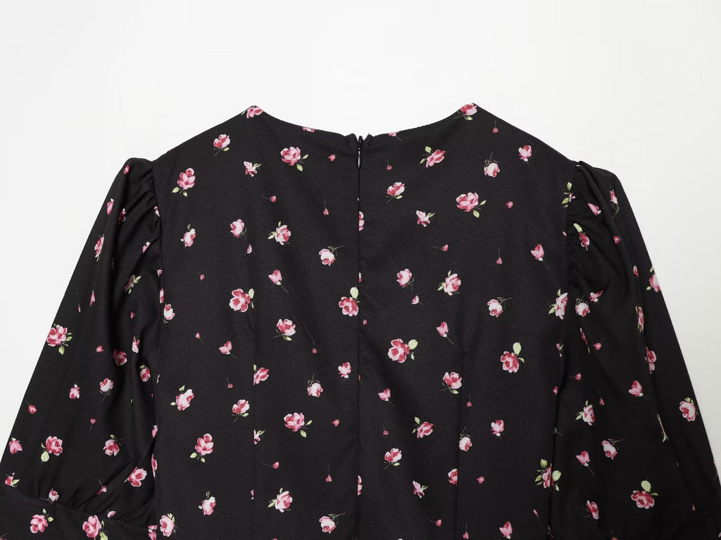 Women's slim V-neck printed mini dress