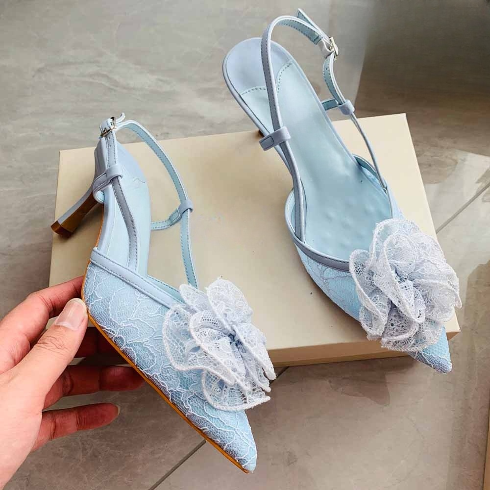 Women's new fashion flower decoration high-heeled lace shoes have a shoe box