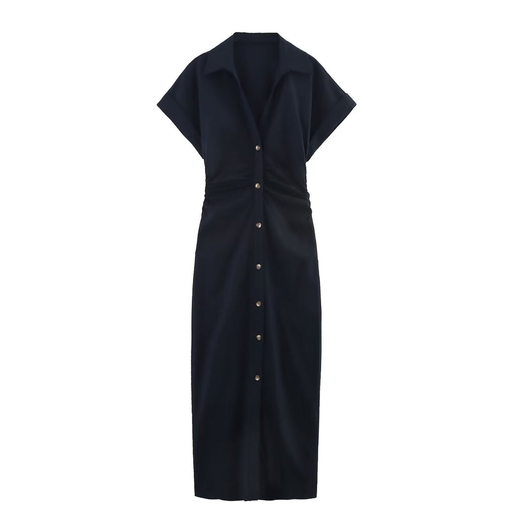 Women's new chic fashion pleated decoration slim single breasted linen blended MIDI dress retro short sleeved women's dress