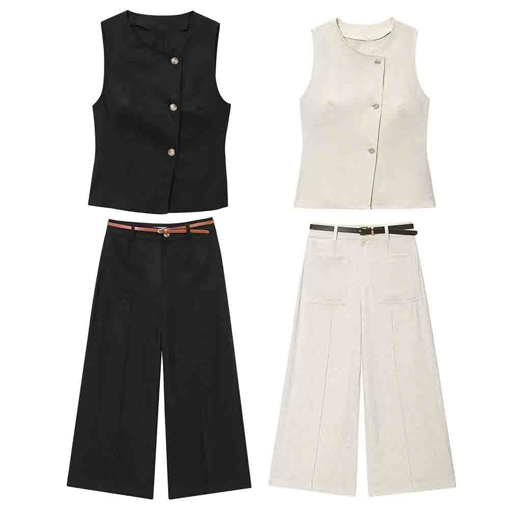 Women's new fashion sleeveless linen blend vest style top+Pants suit