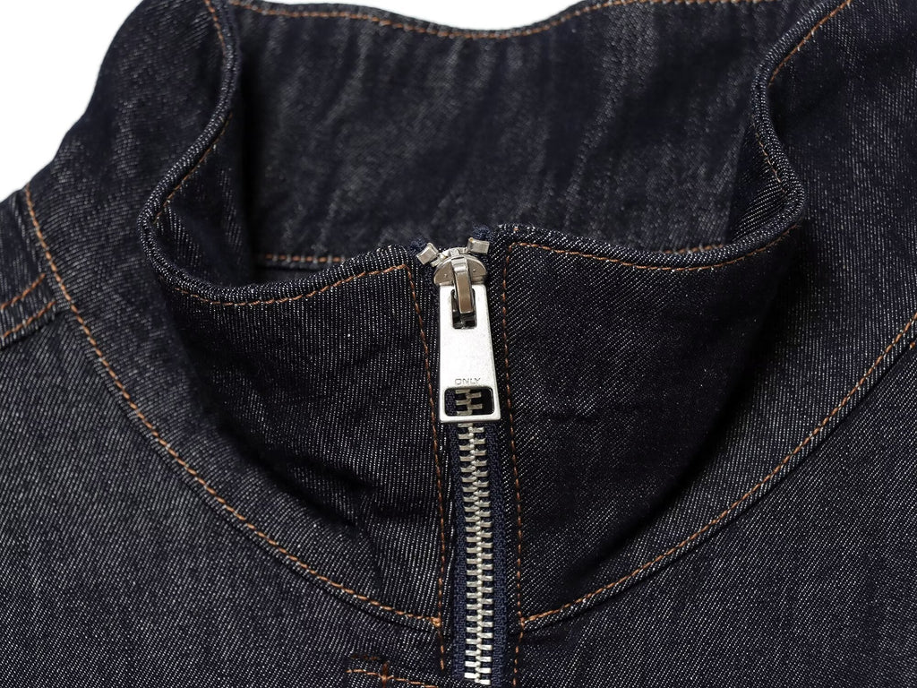 Women's waist belt decoration stand collar denim Coat