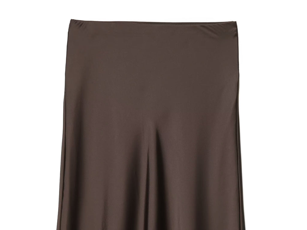 Women's lace hem satin texture MIDI skirt
