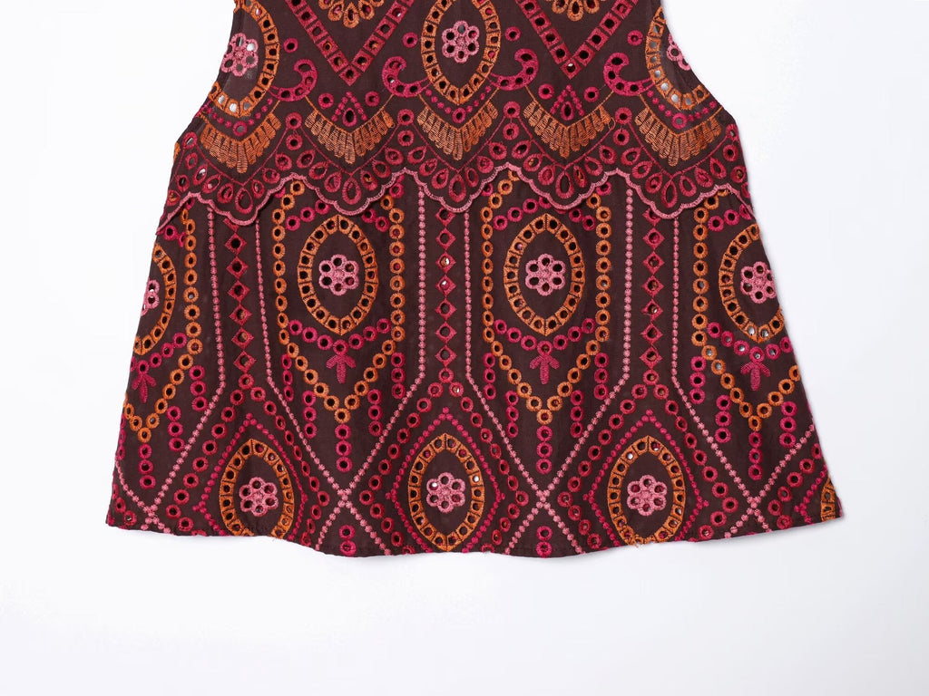 suit Women's 2 pieces hollowed out embroidered O-Neck top+Skirts