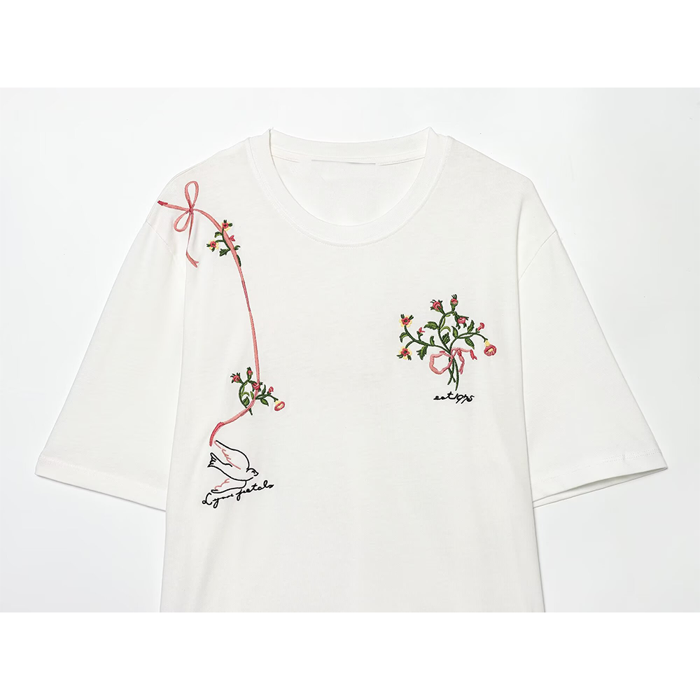 Women's casual O Neck embroidered flower T-shirt