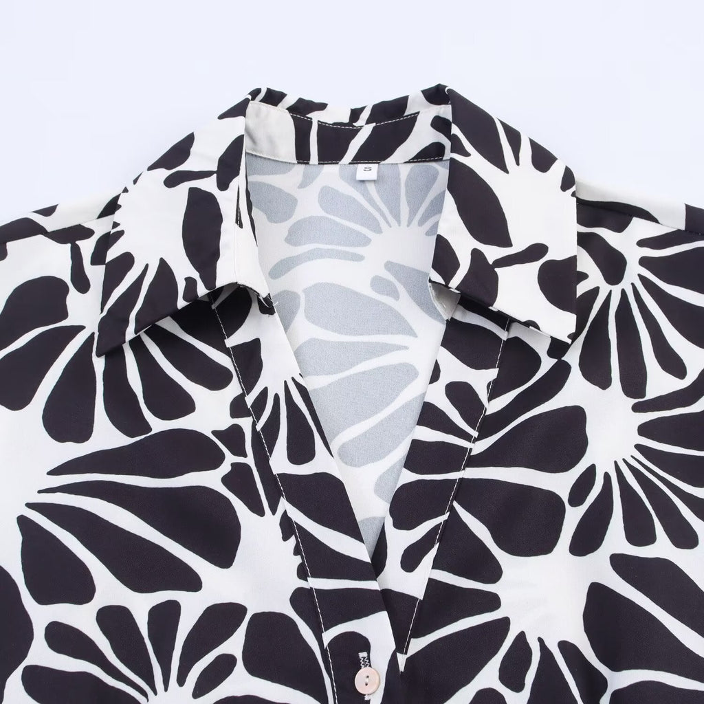 Women's New Fashion With Belt Short sleeved Printed Poplin Midi Dress