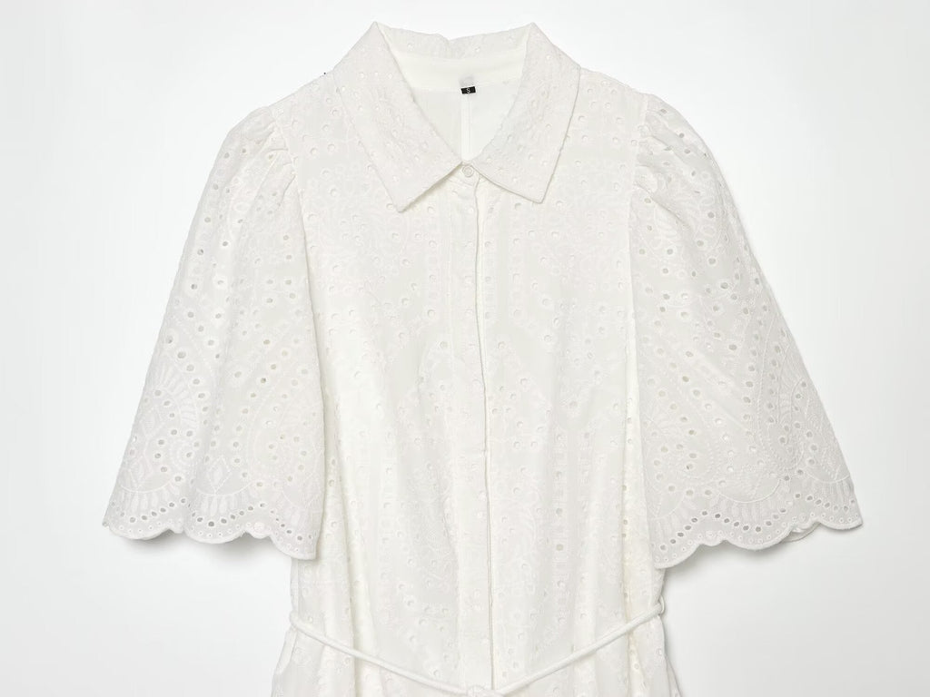 Women's hollowed out embroidered shirt style dress