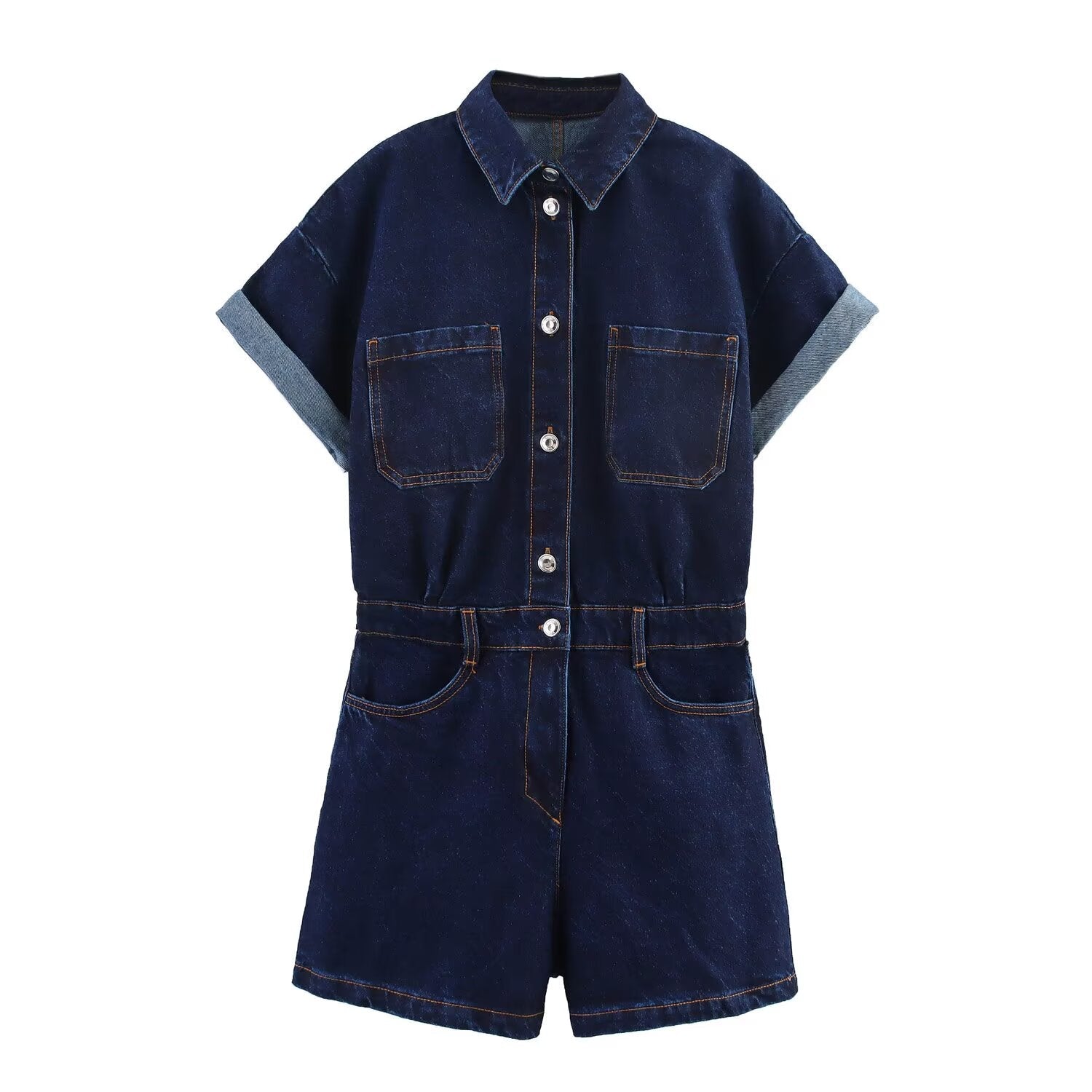 Women's new fashion short sleeved single breasted denim jumpsuit