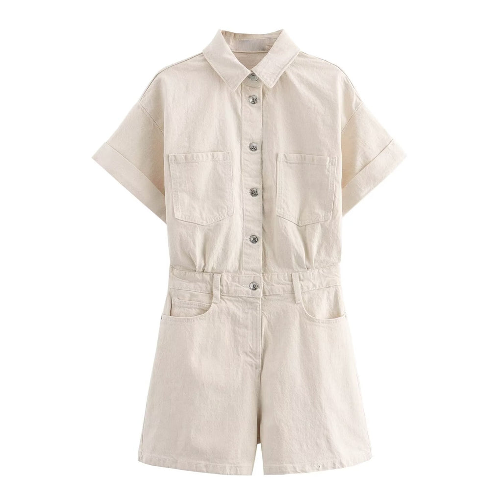 Women's new fashion short sleeved single breasted denim jumpsuit
