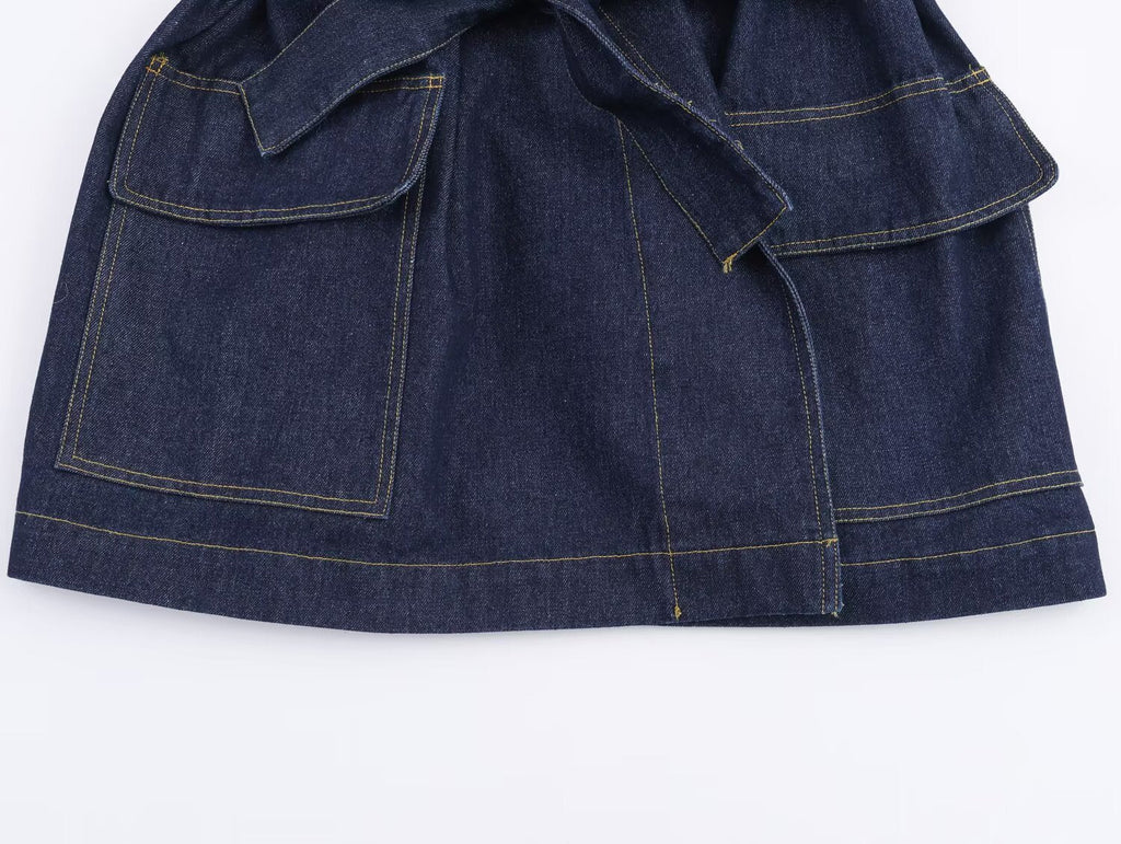 Women's new fashion with Belt loose short denim windbreaker Coat